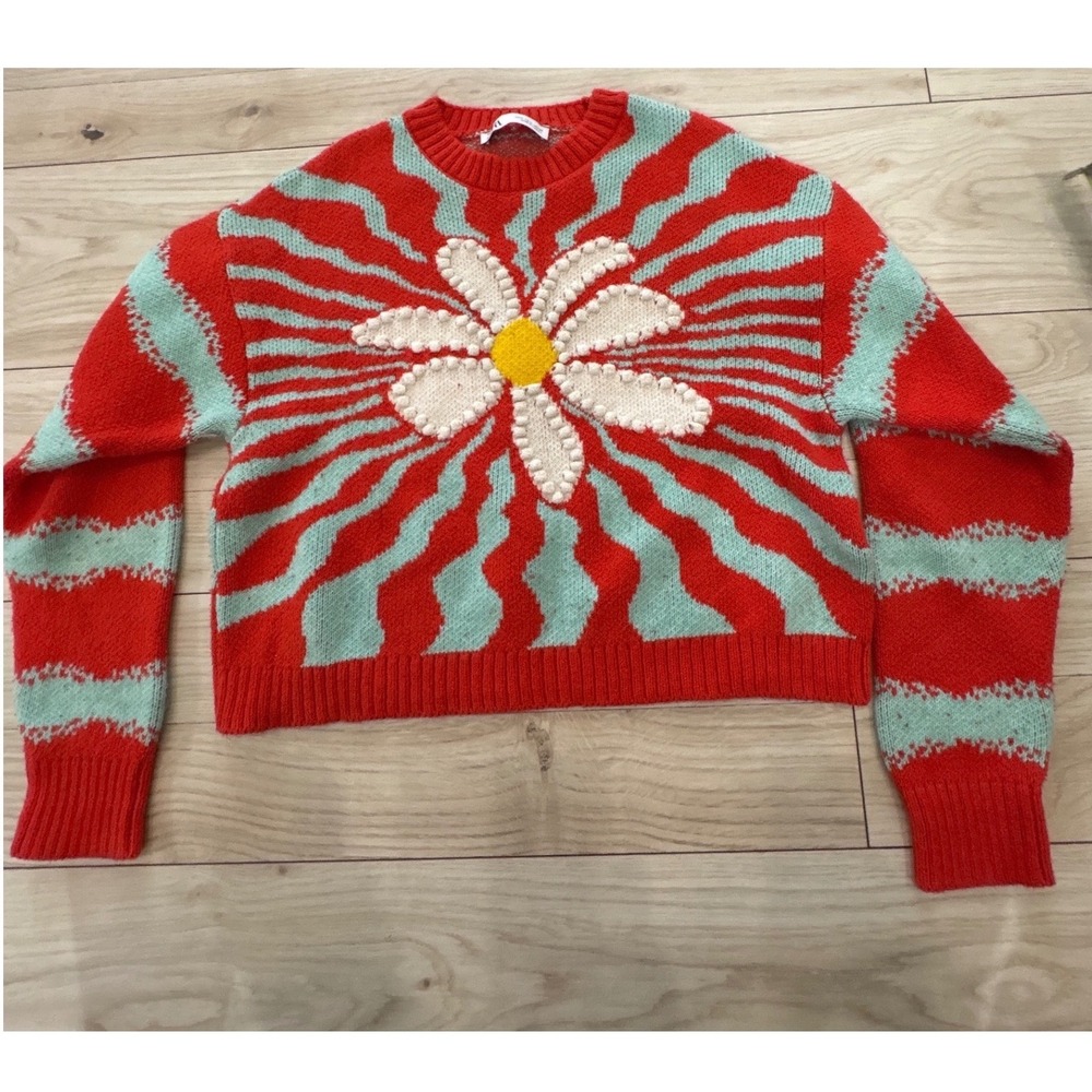 Zara Red Mint Green Daisy Sunburst Jacquard Knit Cropped Sweater Small - Picture 2 of 6